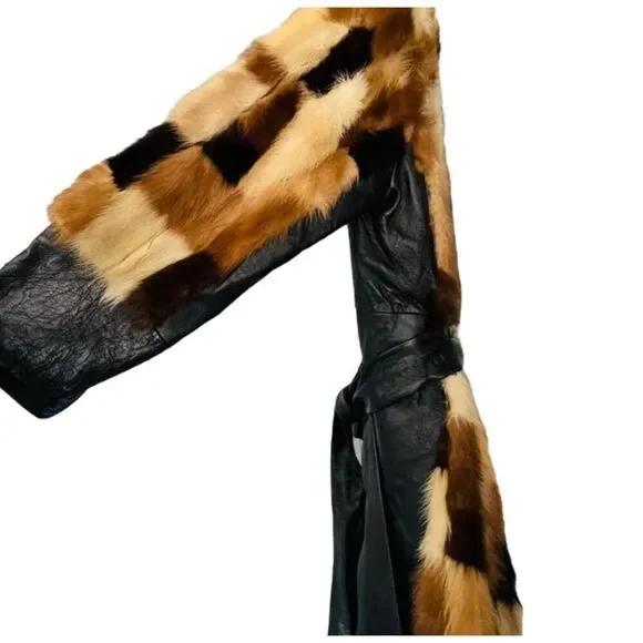FUR COAT Genuine Y2K Vintage Rabbit Fur Leather Patchwork Long Belted Winter Coa